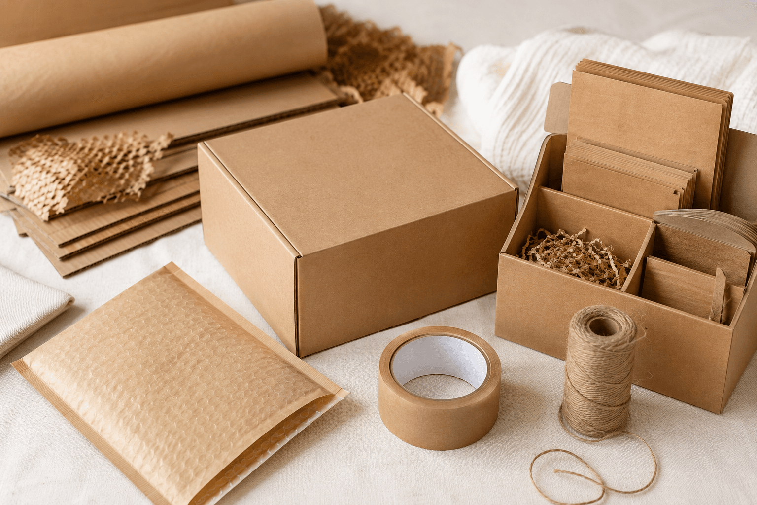 A configurable set of blank packing supplies laid out as a starter kit