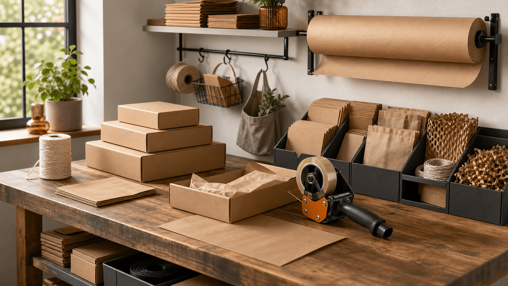 A tidy home packing bench stacked with blank kraft boxes, paper rolls, twine and sorting bins