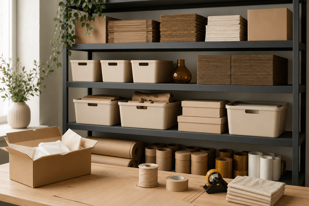 An organised packing-station shelf with plain bins, boxes and paper rolls